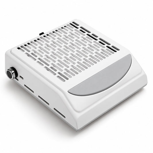 Aspirator de manichiură BQ 858-10, alb, cu grilă cu fante alungite, suport gri pentru mână și buton lateral.
