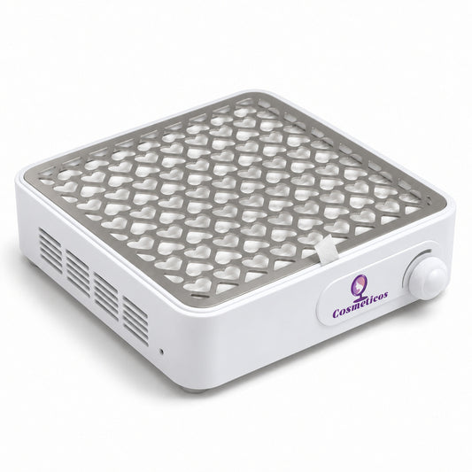 Aspirator de manichiură FST-11, 60 W, alb, văzut din unghi, cu grilă argintie și fante laterale.