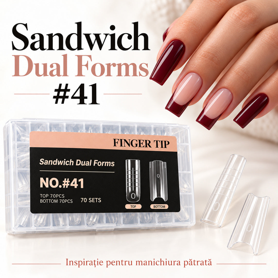 Set Sandwich Dual Forms #41 cu forme transparente și exemplu de manichiură pătrată lungă, în nuanțe bordo și nude.