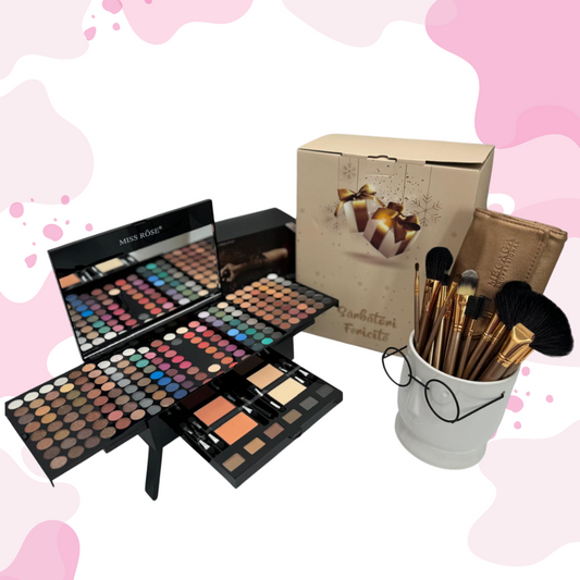 PACHET CADOU : Trusa machiaj 190 culori, farduri, blush, eyeliner, pudra + Set 18 pensule machiaj calitate superioara Megaga, Gold