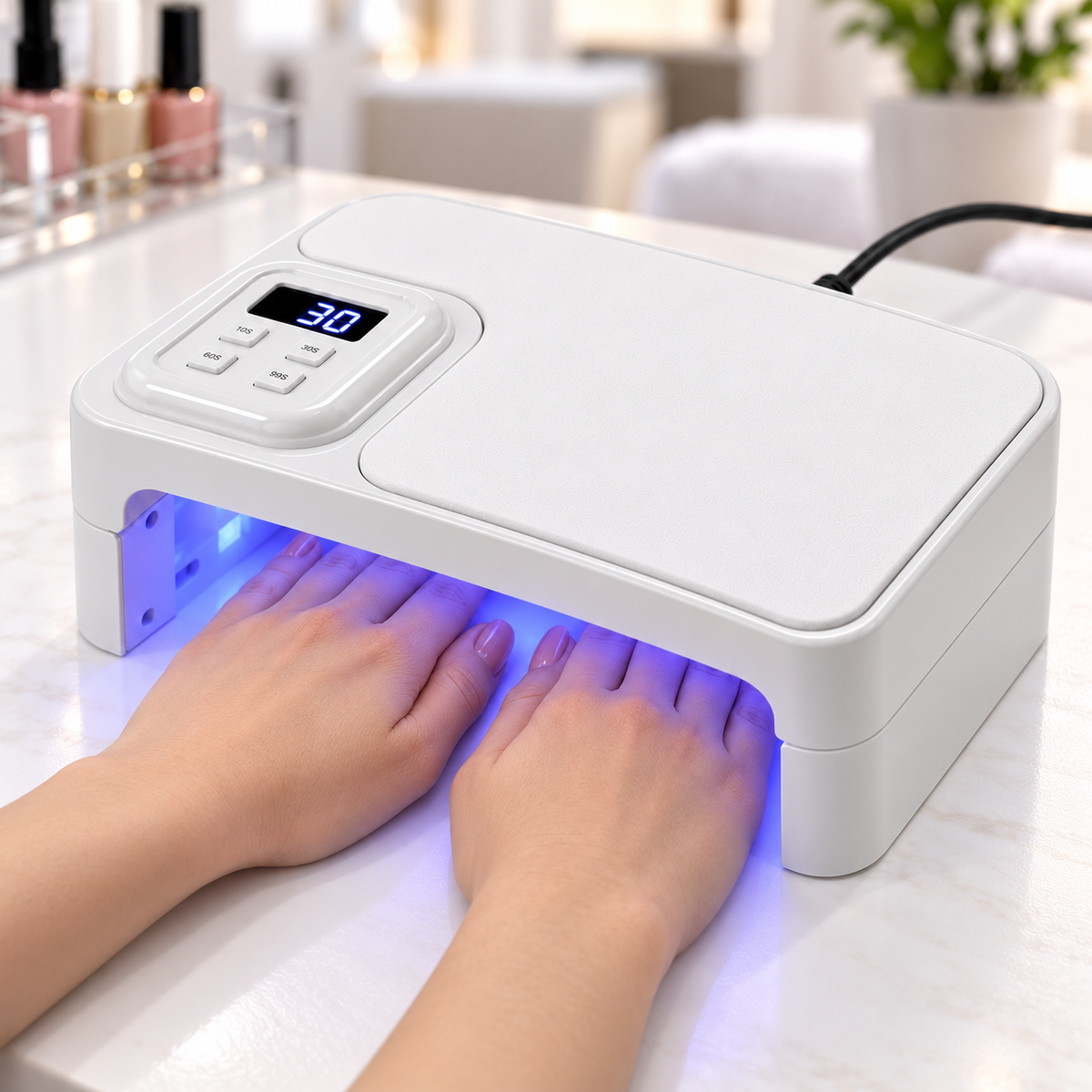 Lampă de unghii UV LED BQ L10 180W în utilizare, cu deschidere largă pentru ambele mâini, pentru polimerizarea gelului și a ojei semipermanente.