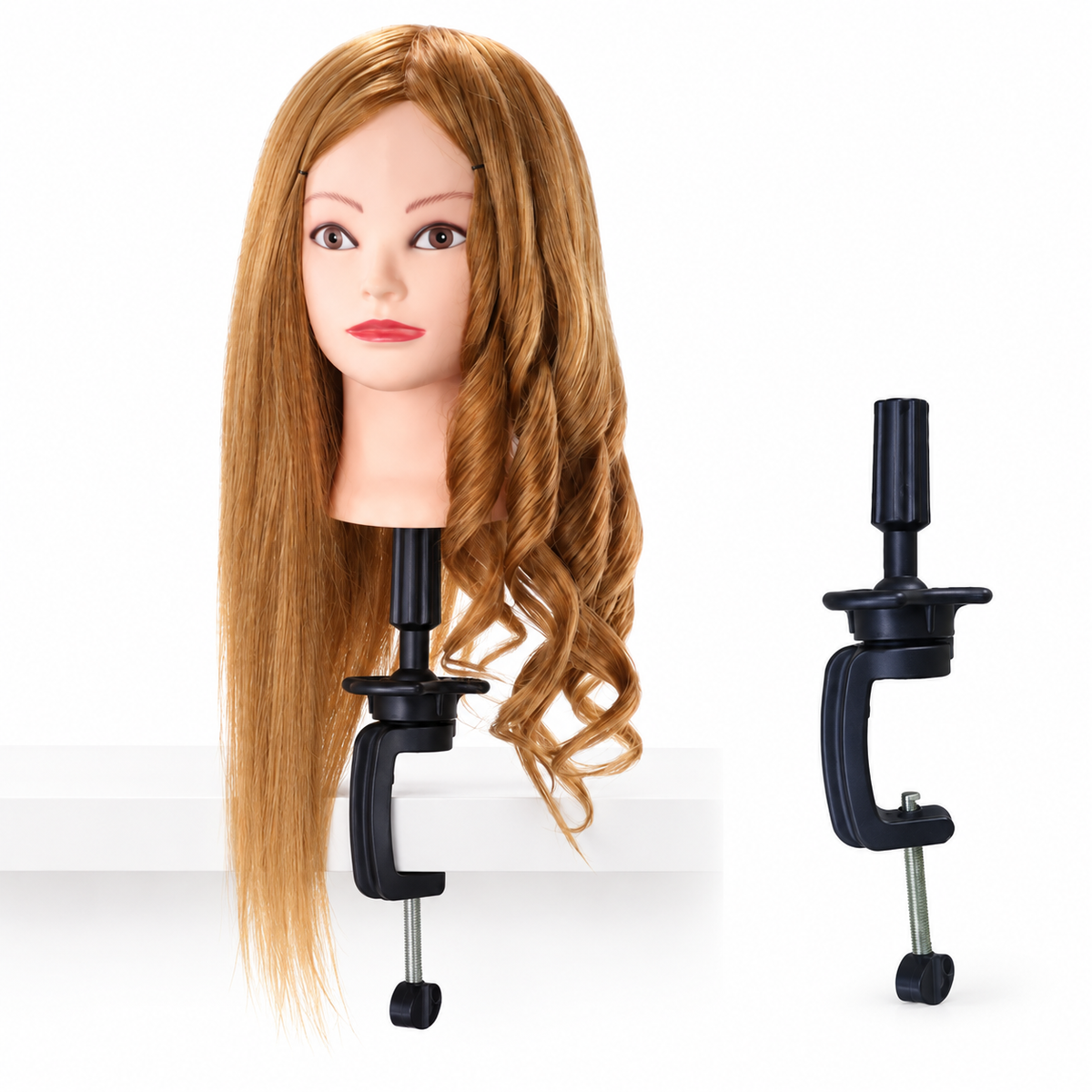 Cap de practică manechin cu păr blond închis de 70 cm, montat pe suportul cu clemă pentru masă inclus în pachet