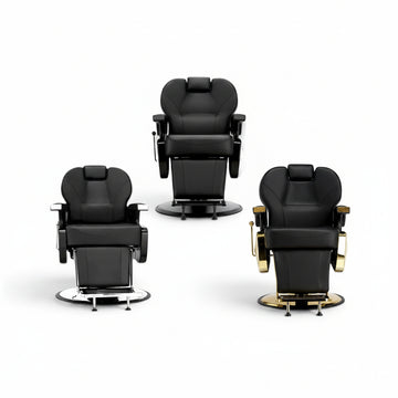 Set scaune barber profesionale Richard Gold negre cu accente aurii, argintii si negre pentru barber shop modern și salon premium
