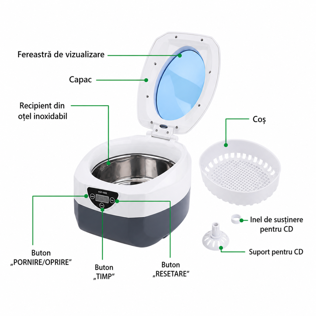 Schema detaliata cu componentele aparatului de curatare ultrasonica VGT-1000: cuva inox, cos protector, capac si afisaj digital.