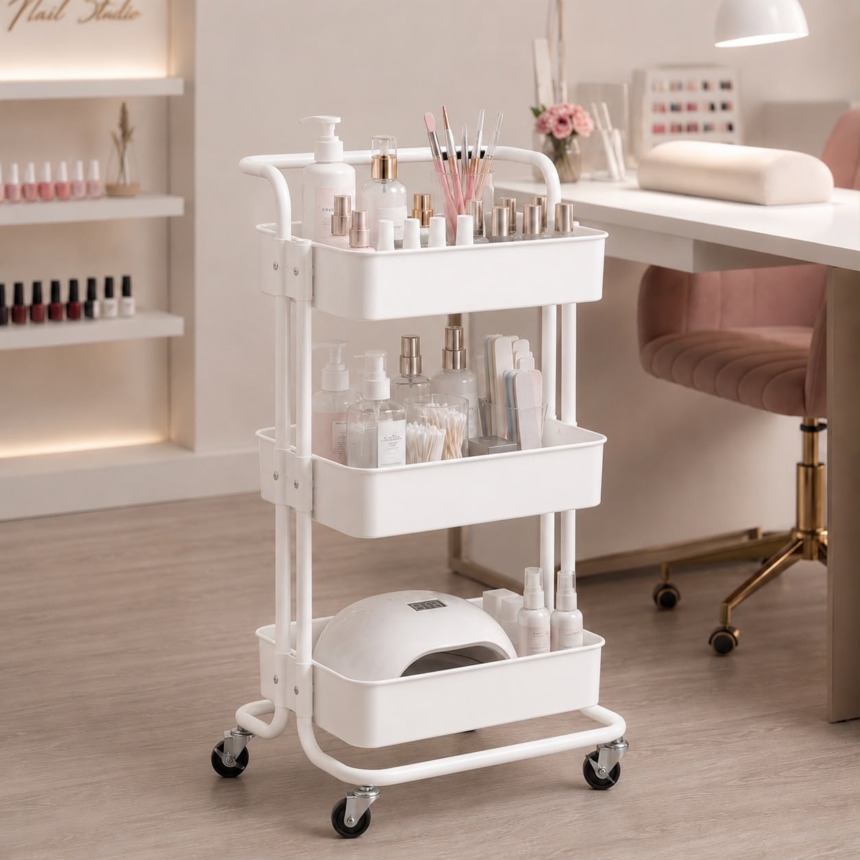 : Ucenic metalic alb pe roti utilizat ca masa si organizator mobil pentru produse de manichiura, pedichiura si lampa UV