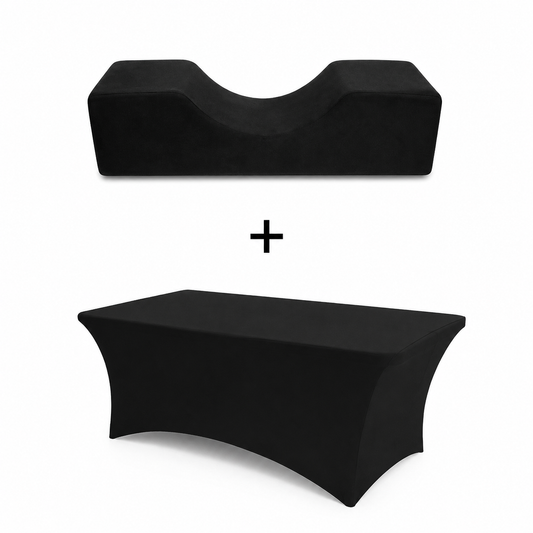 Pachet promoțional salon format din perna ergonomica pentru extensii de gene si husa elastica neagra pentru patul de cosmetica.