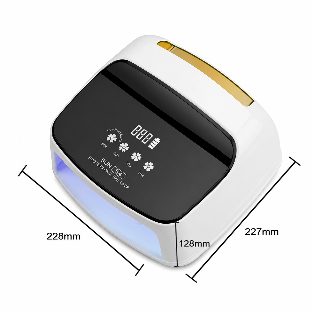 Schita cu dimensiunile exterioare precise ale lampii de unghii SUN S4 de 288W reincarcabila.