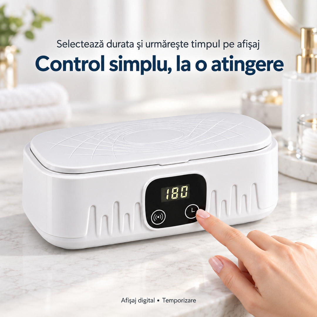 Selectarea temporizarii la aparatul compact de curatare cu ultrasunete 400 ml, prin butonul frontal, cu timpul de lucru vizibil pe afisajul digital
