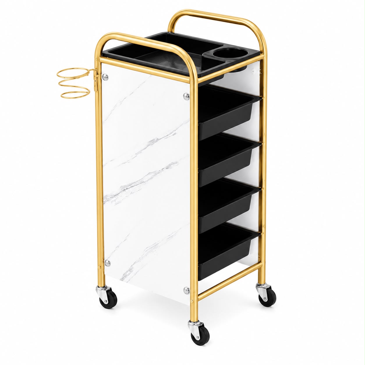 Asistent mobil pentru salon Marble Gold, cu cadru auriu, panouri albe cu textura de marmura, 4 sertare negre si suport lateral pentru foehn.