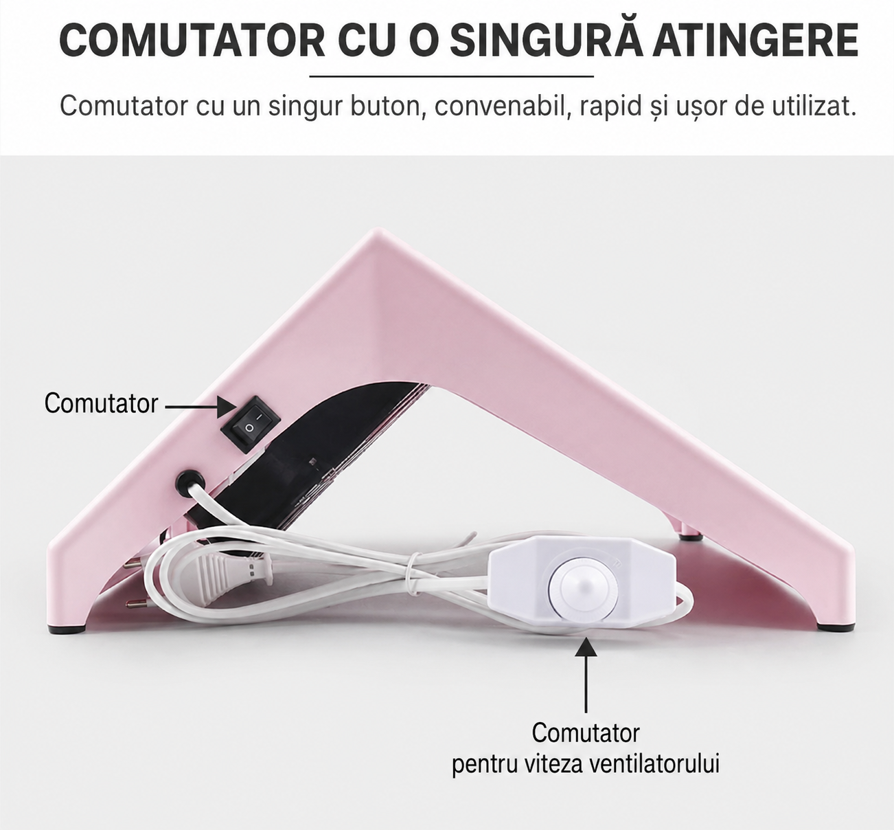 Detaliu al partii laterale a colectoului de praf roz, cu buton pornire, potentiometru pentru viteza reglabila si cablu de alimentare.