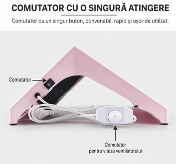 Detaliu al partii laterale a colectoului de praf roz, cu buton pornire, potentiometru pentru viteza reglabila si cablu de alimentare.