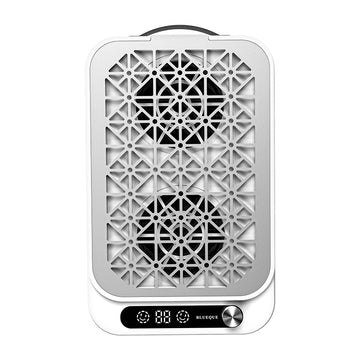 Aspirator pentru praf de unghii cu doua ventilatoare si acumulator, model 858-20 de 80W, prevazut cu grila geometrica argintie si panou digital de control.