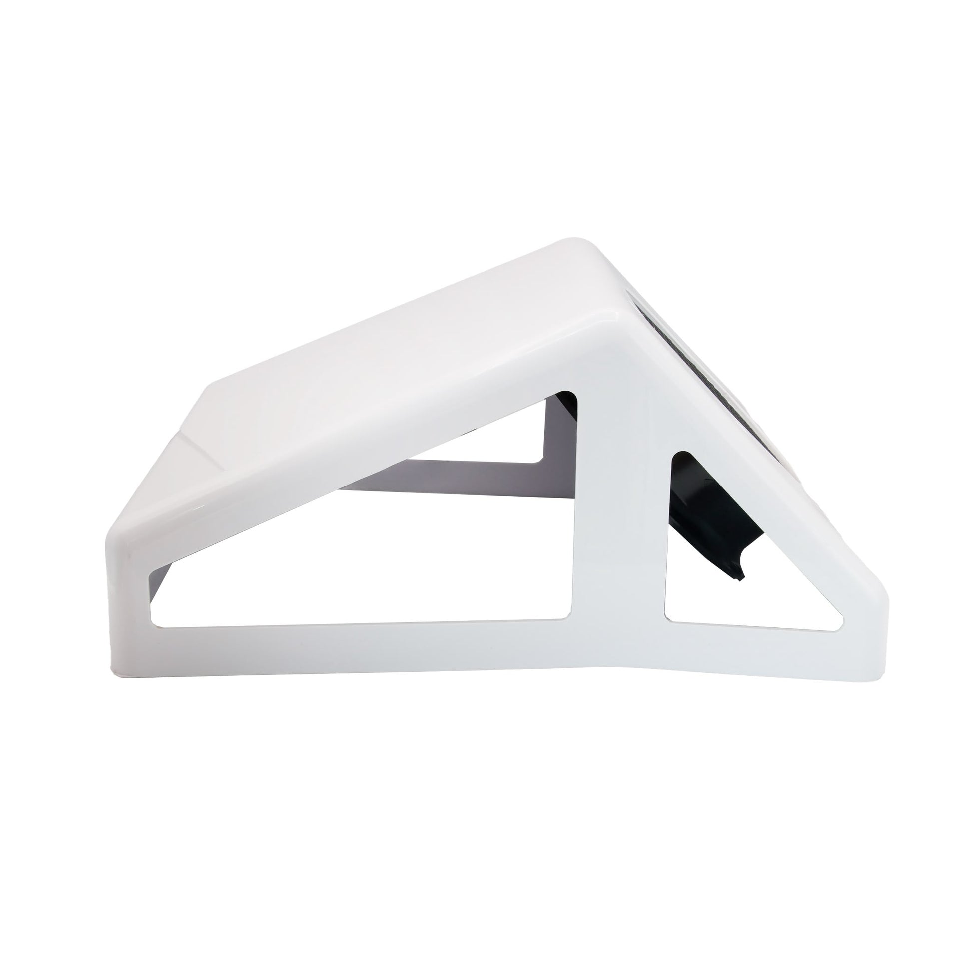 Profil lateral al aspiratorului de praf alb pentru manichiura, evidentiind forma ergonomica de masa.