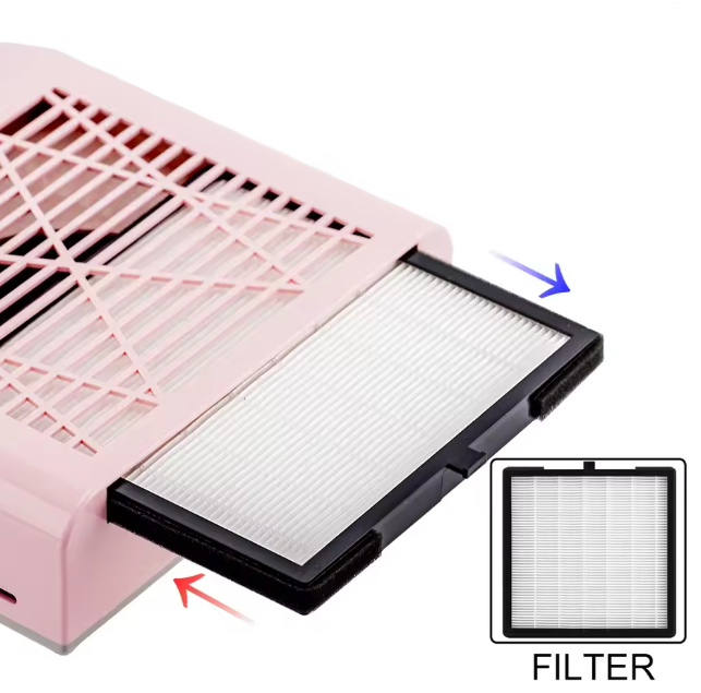 Schema de utilizare si scoatere a filtrului dreptunghiular din aspiratorul de praf de unghii 80W roz.
