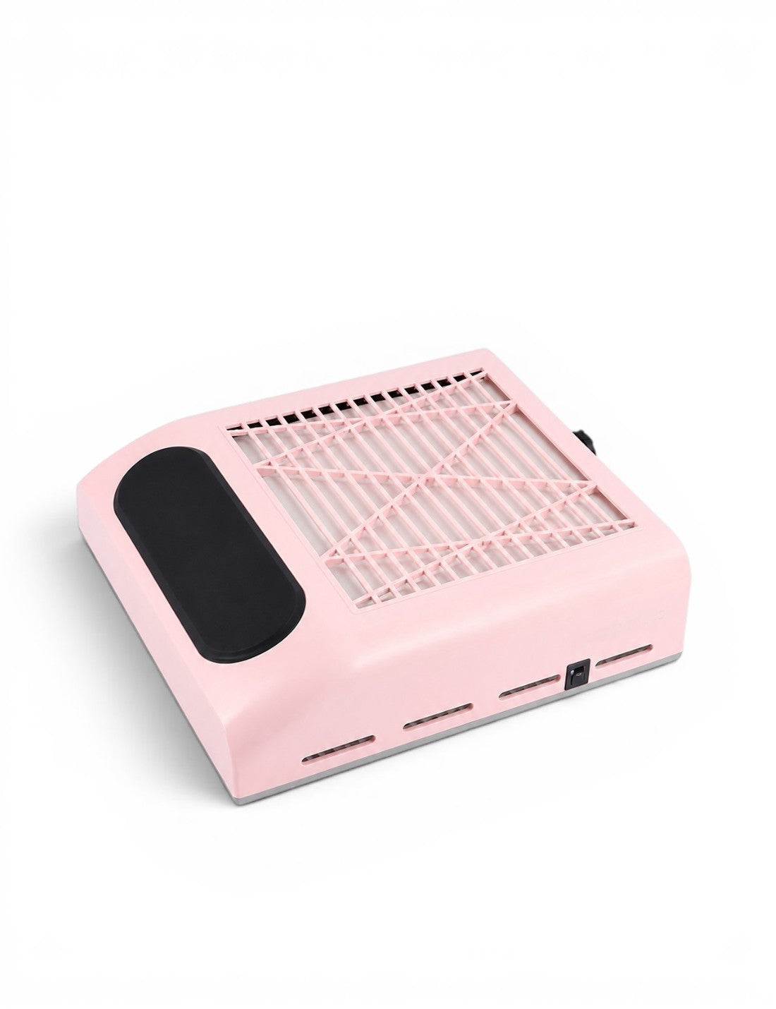 Aspirator profesional pentru praf de unghii 80W, culoare roz, cu suport negru pentru mana si grila de aspiratie.