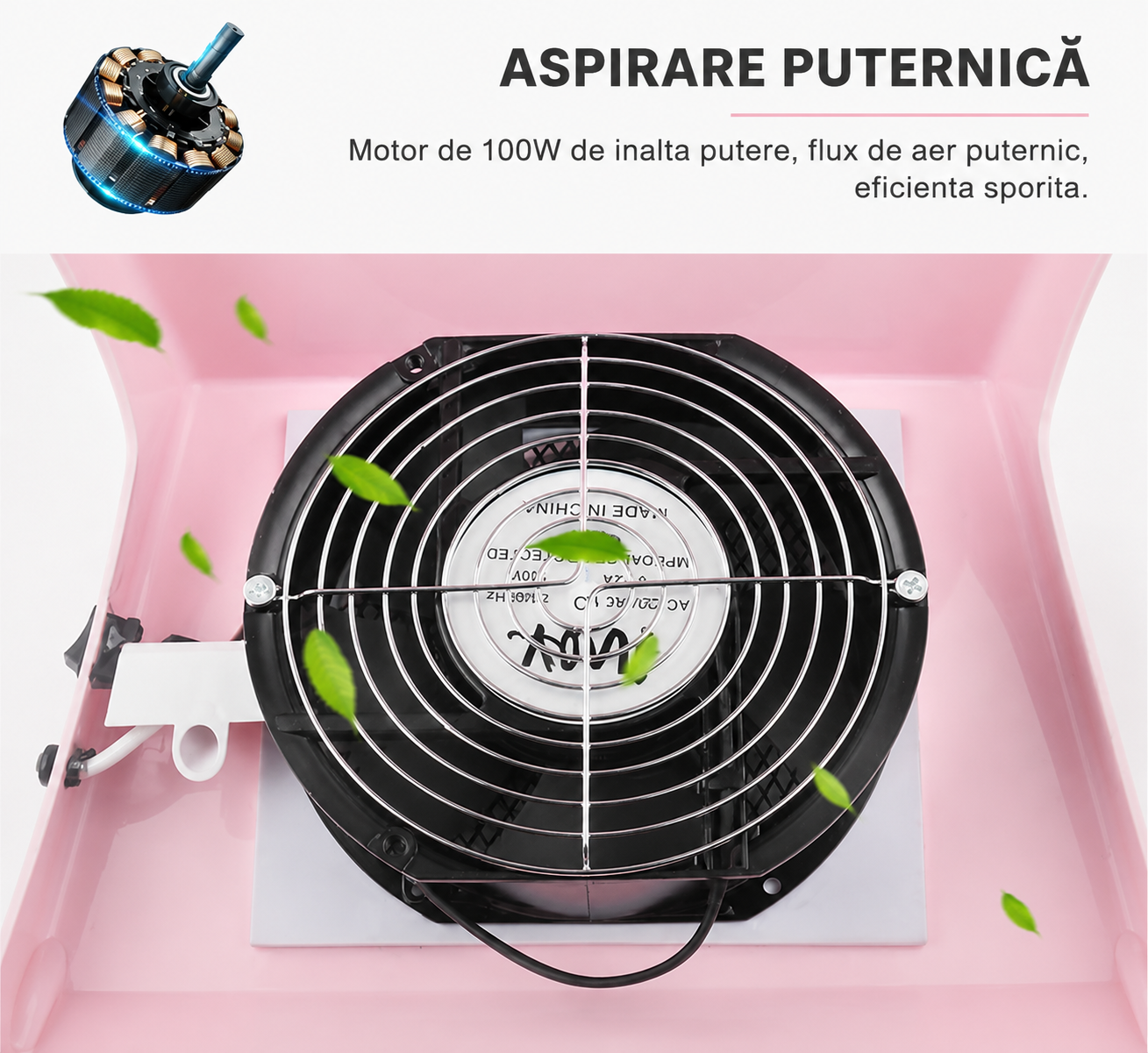 Vedere posterioara a aspiratorului de praf roz, evidentiind elicea si ventilatorul puternic de 100W pentru colectarea eficienta a prafurilor.