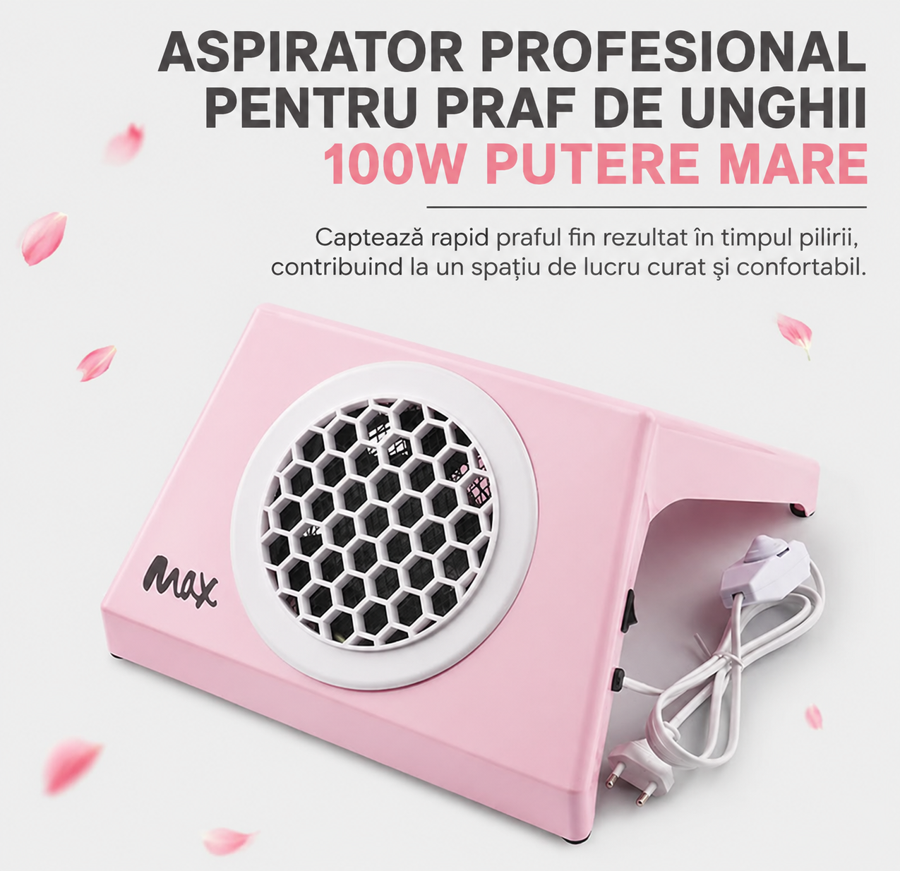 Prezentare aspirator profesional pentru colectarea prafului de unghii cu putere mare de 100W si forma ergonomica roz.