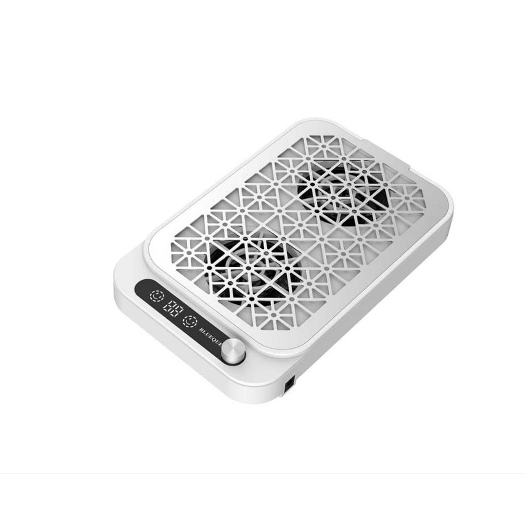 Aspirator de praf pentru unghii BQ 858-20, alb, cu două ventilatoare, grilă geometrică și afișaj digital, vedere de ansamblu.