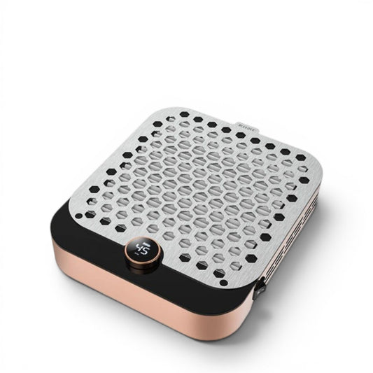Aspirator Praf Unghii Profesional Blueque 858-18 | 60W | Reincarcabil asezat pe un fundal alb, evidentiand grila argintie metalica cu perforatii geometrice si baza eleganta de culoare auriu rose.