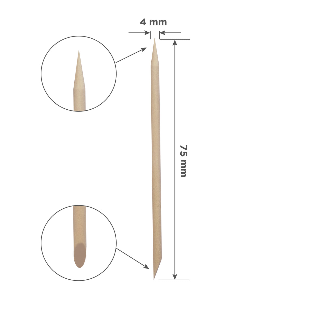 Schemă cu dimensiunile bețișorului din lemn de portocal STALEKS EXPERT DOS-20/100, lungime 75 mm, și detalii mărite ale capetelor teșit și ascuțit.
