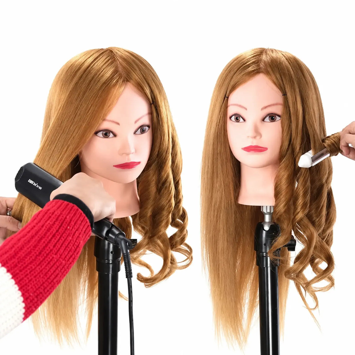 Cap de practică manechin cu păr natural blond închis de 70 cm, coafat drept și cu bucle