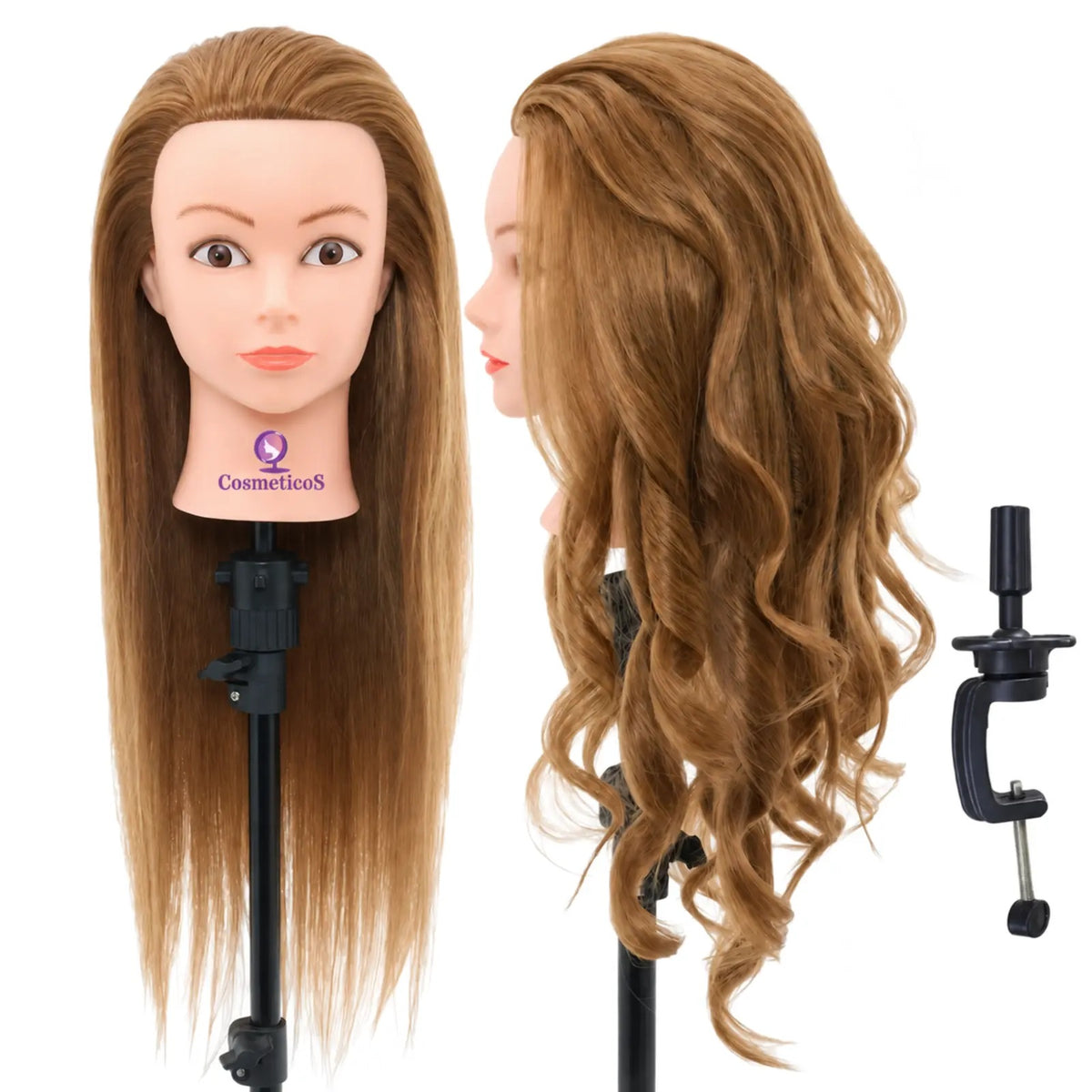 Cap de practică manechin cu păr natural blond închis de 65–70 cm, prezentat drept și ondulat, cu suport inclus