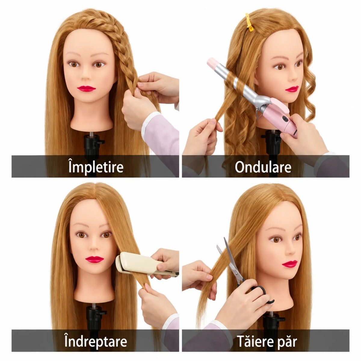 Tehnici de coafură pe cap de practică manechin blond închis: împletire, ondulare, îndreptare și tăiere.