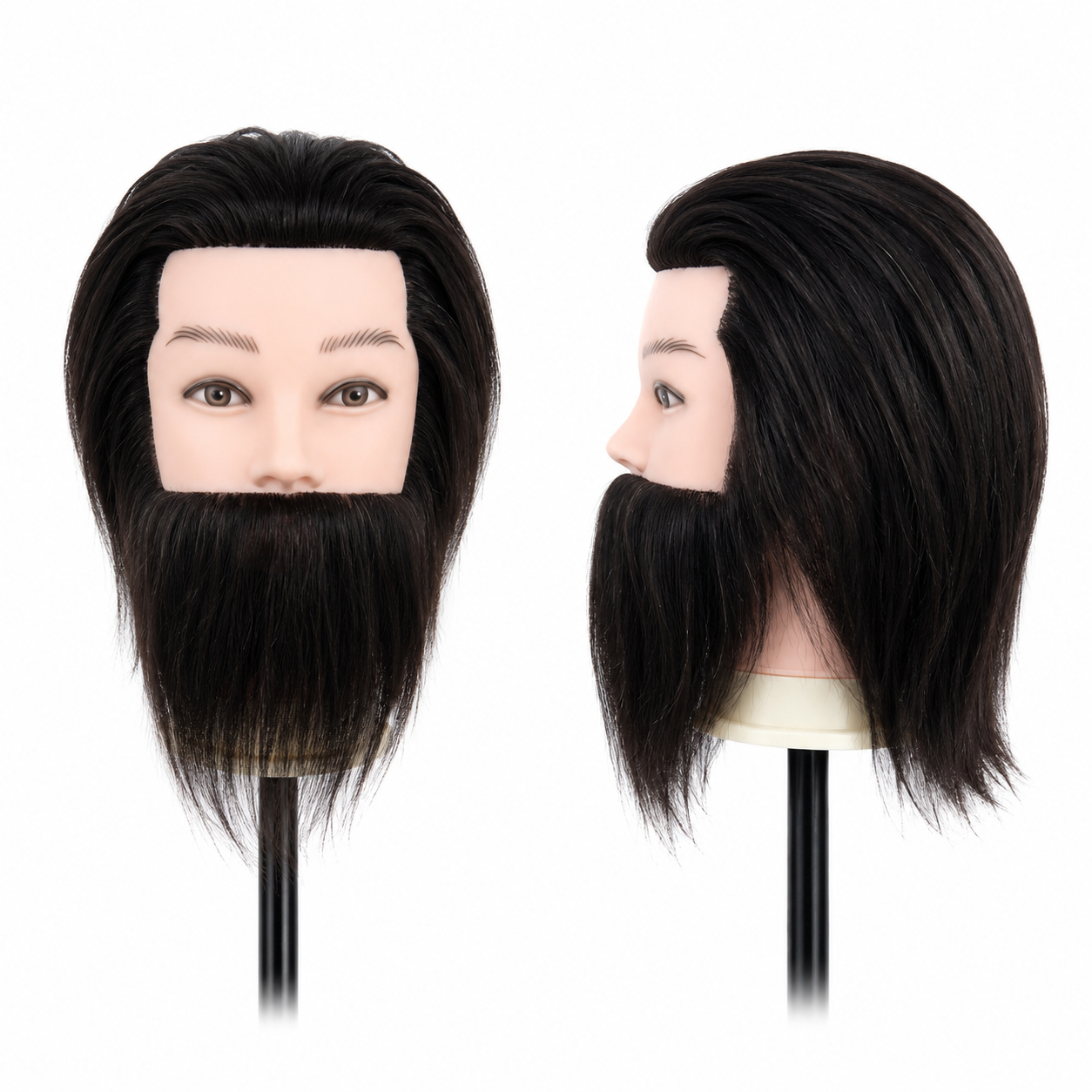 Cap de practica profesional pentru frizerie si barbering prezentat din fata si profil, cu par uman si barba lunga pentru exercitii si demonstratii.