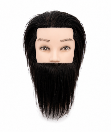 Cap de practica pentru frizerie si barbering cu par uman si barba lunga, ideal pentru exersarea tehnicilor de tuns, styling si modelare a barbii.