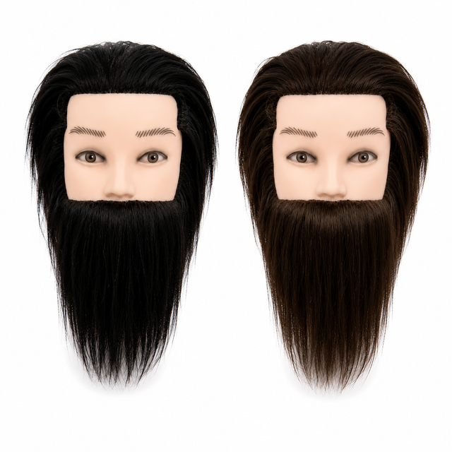 Cap de practica pentru frizerie - Par uman si barba lunga, Negru/Saten inchis