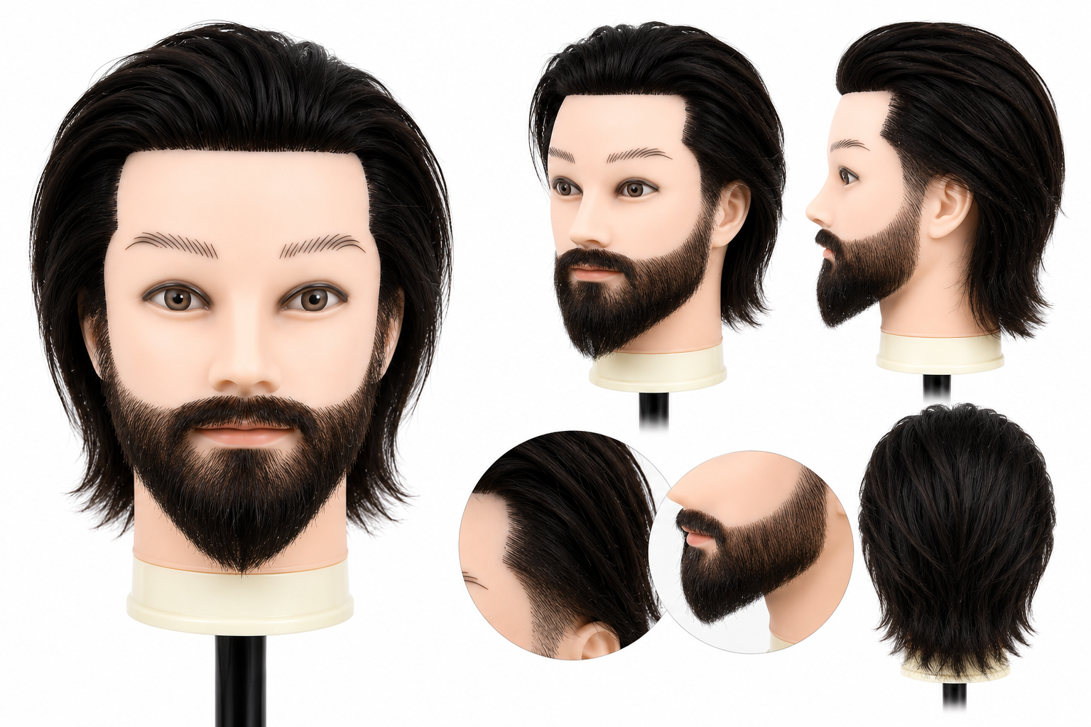 Prezentare completa a capului de practica cu par uman si barba lunga, ilustrand detalii ale tunsorii, barbii si lungimii parului din mai multe unghiuri.