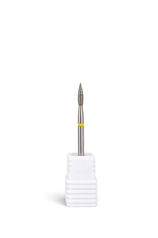 Capat de freza diamantat flacara 9x2 mm cu inel galben granulatie foarte fina XF pentru cuticula.