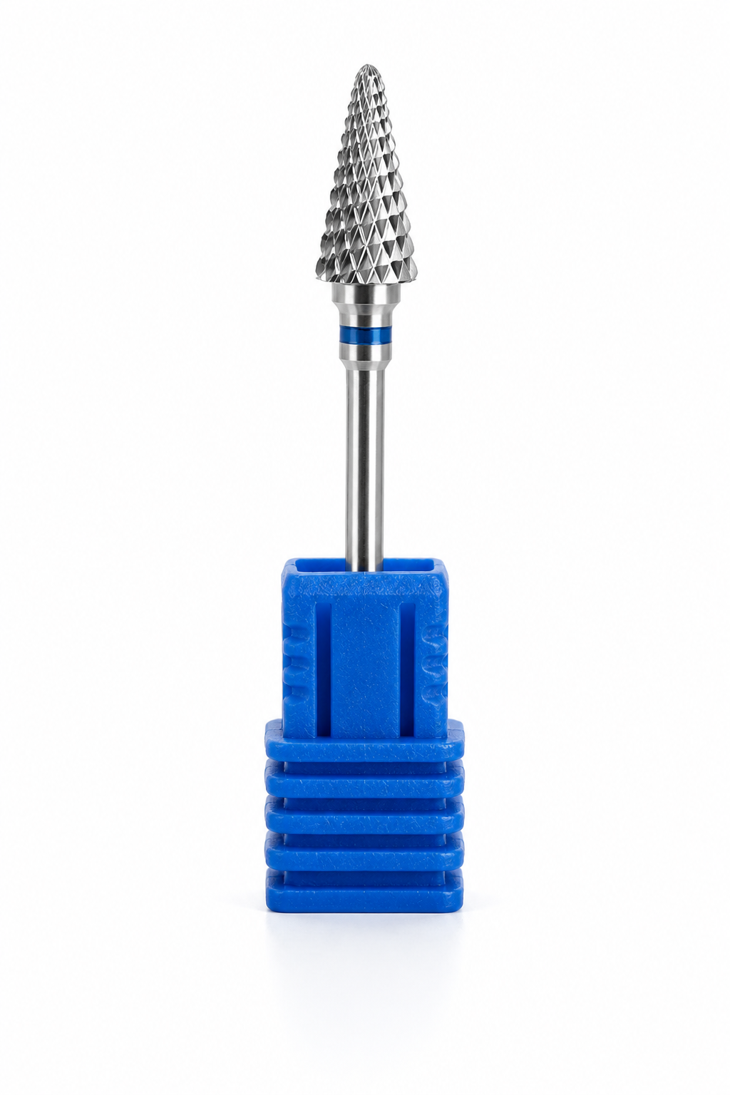 Bit profesional pentru freza electrica din tungsten carbide, dimensiune 5x13 mm, cu inel albastru ce indica o duritate medie, ideal pentru indepartarea gelului sau acrilului.