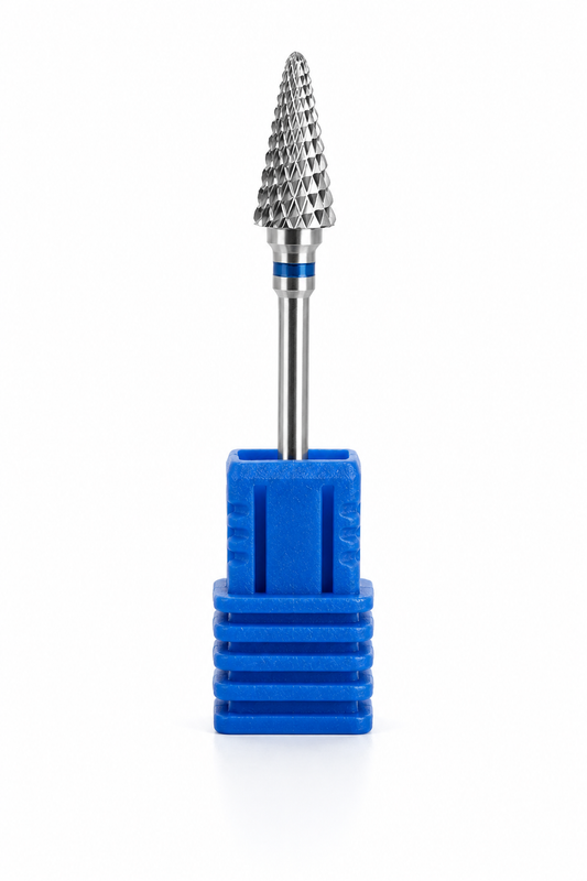 Bit profesional pentru freza electrica din tungsten carbide, dimensiune 5x13 mm, cu inel albastru ce indica o duritate medie, ideal pentru indepartarea gelului sau acrilului.