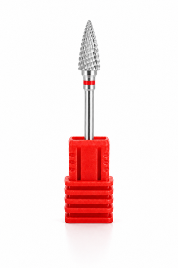 Bit profesional pentru freza electrica din tungsten carbide, dimensiune 5x13 mm, cu inel albastru ce indica o duritate medie, ideal pentru indepartarea gelului sau acrilului.
