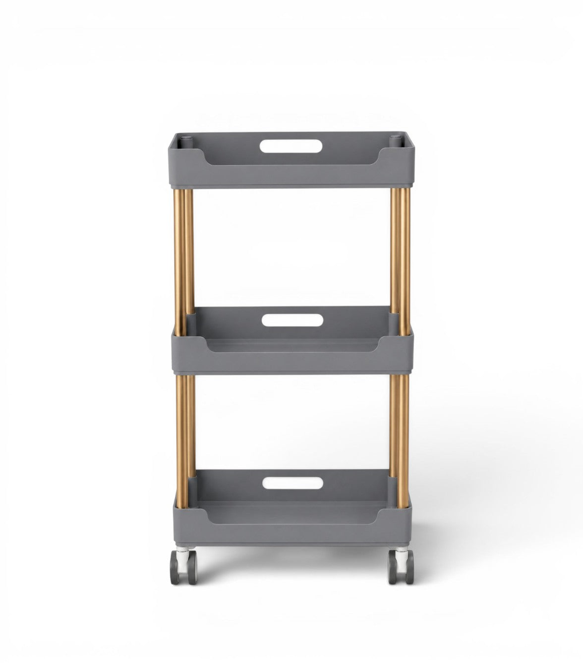 Ucenic Cosmetic Premium 3 niveluri, 45 x 30 x 86 cm | Auriu & Gri pozitionat din profil, prezentand distanta dintre rafturi si stabilitatea structurii metalice