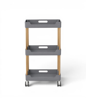 Ucenic Cosmetic Premium 3 niveluri, 45 x 30 x 86 cm | Auriu & Gri pozitionat din profil, prezentand distanta dintre rafturi si stabilitatea structurii metalice