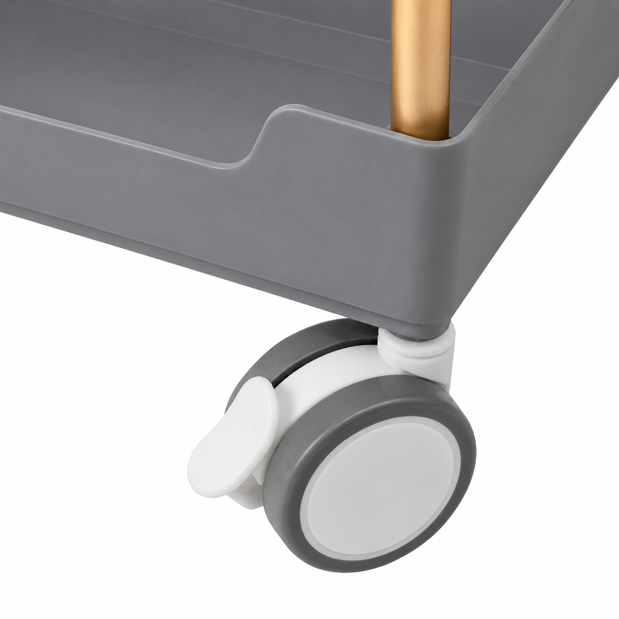 Ucenic Cosmetic Premium 3 niveluri, 45 x 30 x 86 cm | Auriu & Gri vazut din fata, evidentiand cele trei rafturi gri, cadrul metalic auriu si rotile pivotante.