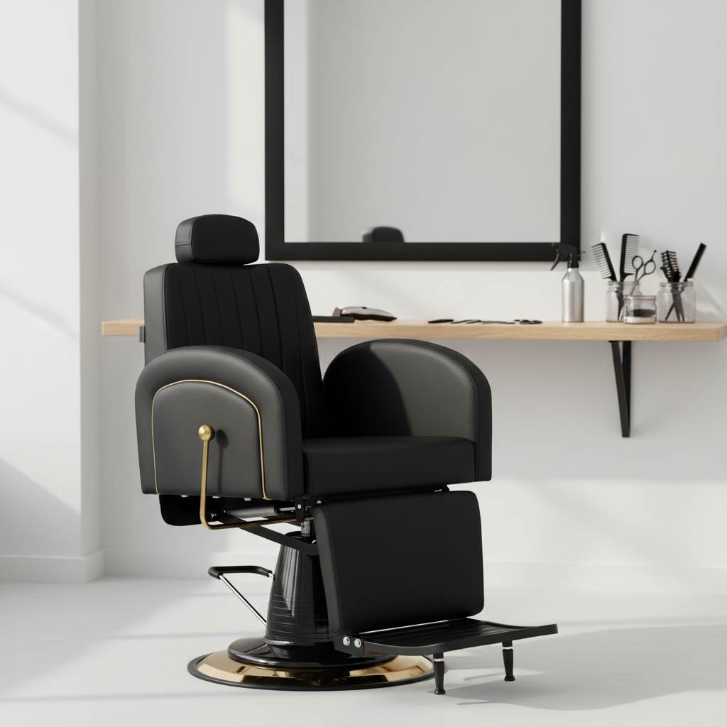 Imagine de prezentare a scaunului hidraulic Landon BarberKing integrat in amenajarea eleganta a unui barber shop.