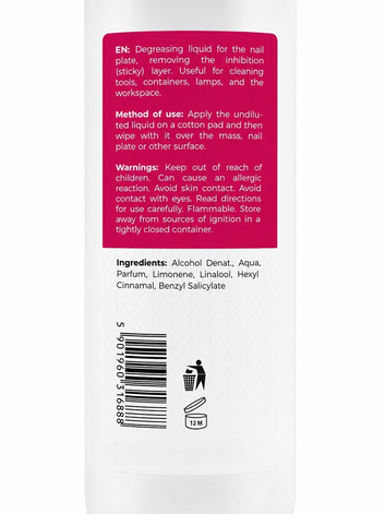 Spatele produsului Cleaner Parfumat Cosmeticos 1000 ml cu instrucțiuni și avertismente