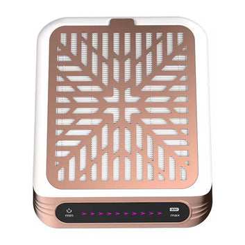 Vedere de sus a aspiratorului patrat cu grila metalica rose gold si ecranul digital negru pozitionat la baza aparatului.