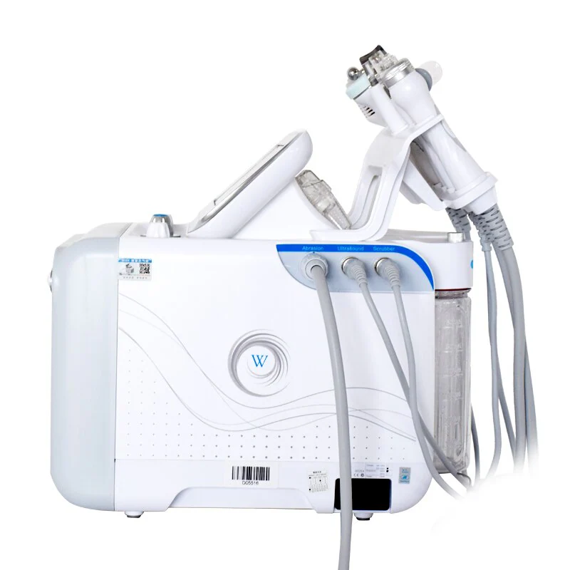Vedere din profil lateral a echipamentului Hydrafacial, aratand structura compacta si conexiunile cablurilor si furtunurilor pentru aplicatori