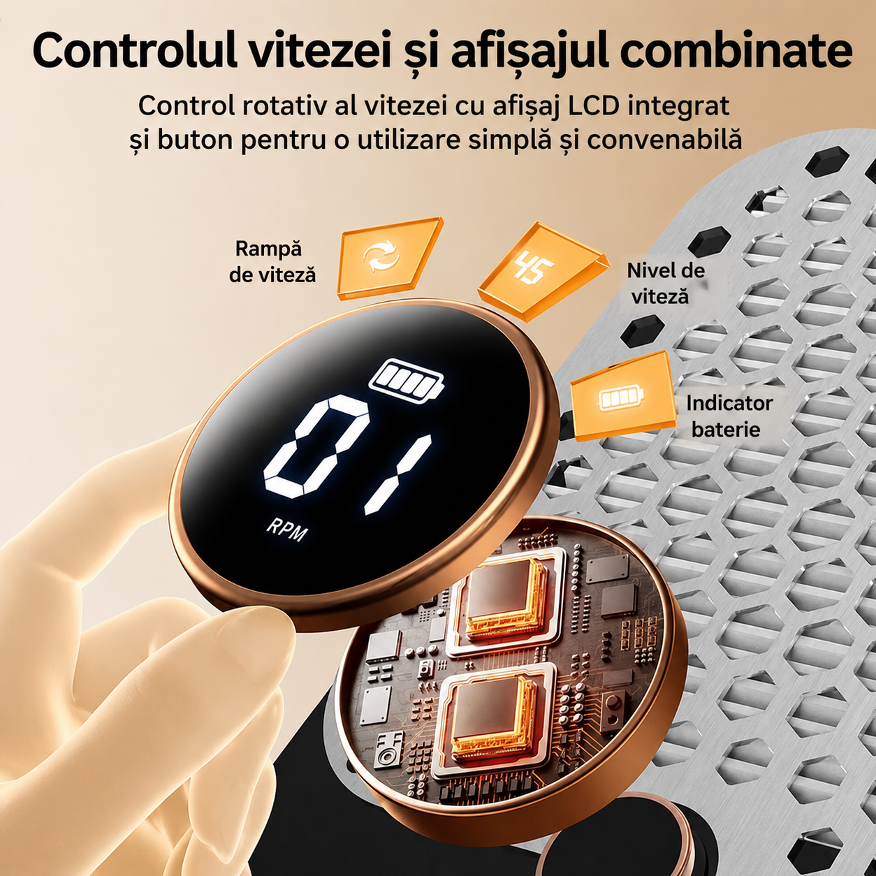 Praf Unghii Profesional Blueque 858-18 | 60W | Reincarcabil intr-un detaliu de infografic ce arata rotita de reglaj si ecranul cu afisaj digital pentru nivelul bateriei si viteza.