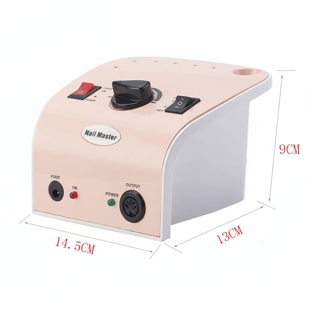 Dimensiuni si specificatii freza electrica profesionala JMD-304, aparat pentru manichiura si pedichiura cu viteza maxima 35000 RPM, design compact, usor de transportat si utilizat in saloane cosmetice.