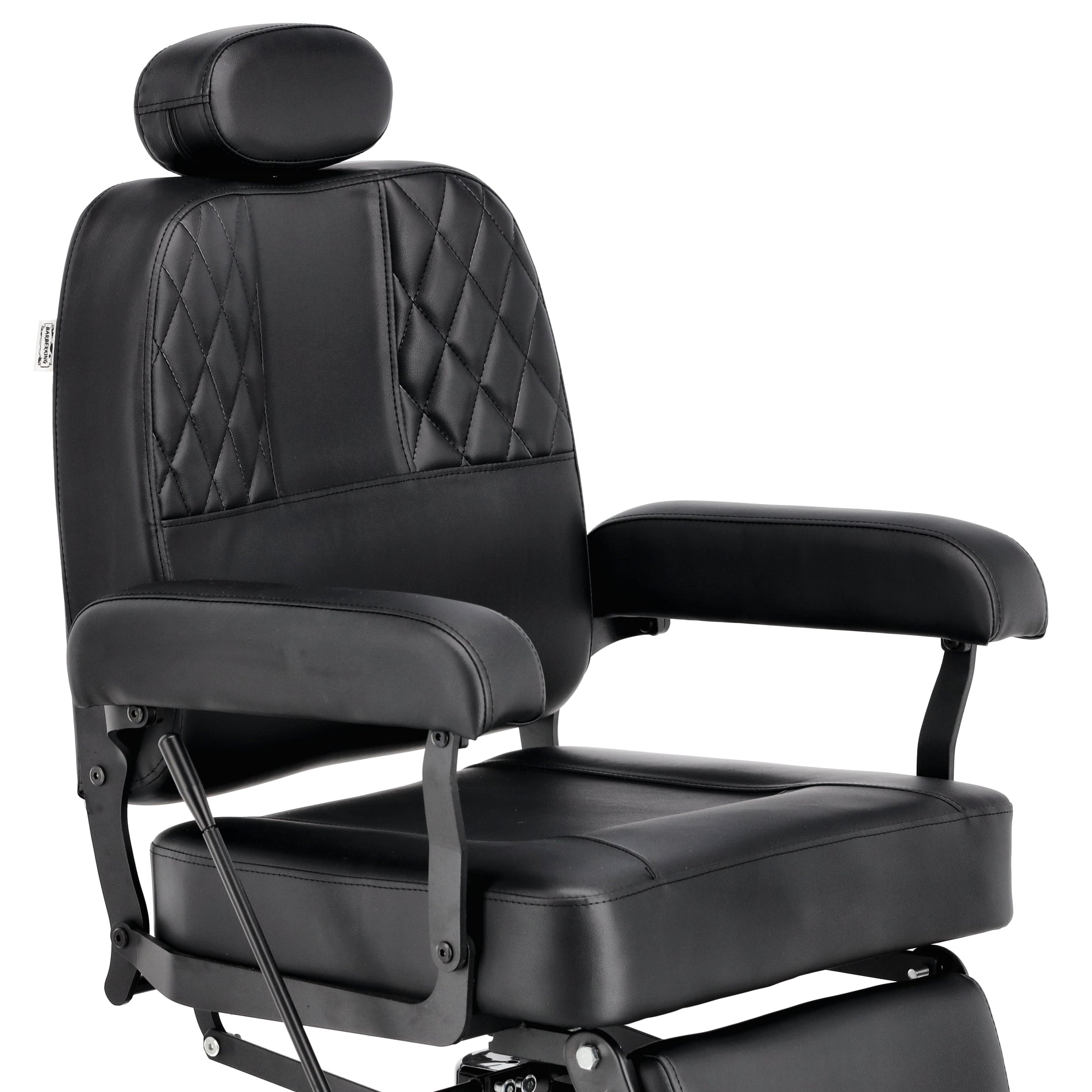 Detaliu tapițerie premium cu cusături decorative pentru fotoliu profesional barber Nestor negru