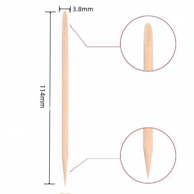 Schita tehnica detaliata care indica lungimea totala de 114 mm si grosimea de 3.8 mm a unui betisor din lemn de portocal, cu zoom pe ambele capete.