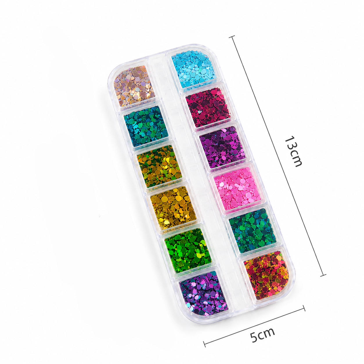 Infografic cu dimensiunile exacte ale carcasei din plastic cu 12 compartimente pentru sclipici de unghii, indicand lungimea de 13 cm si latimea de 5 cm.