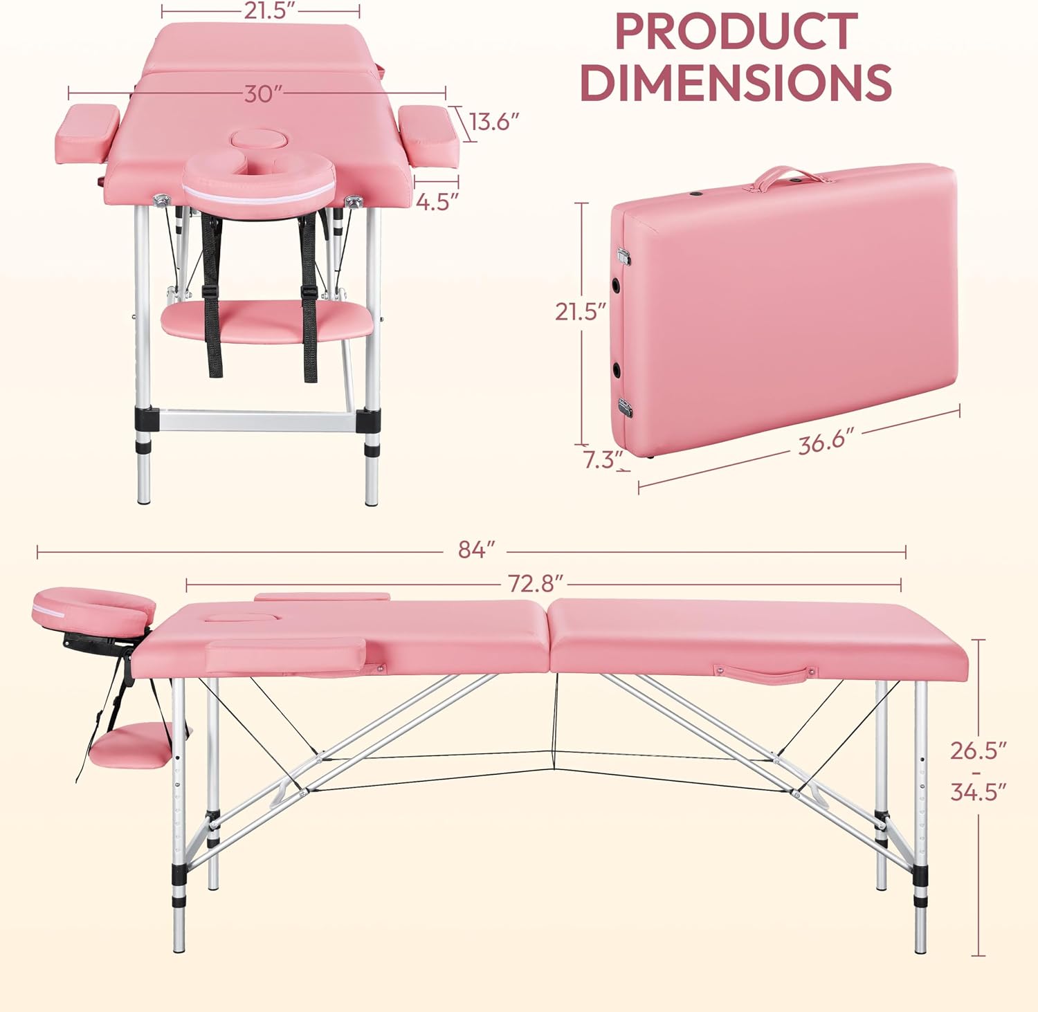 Schita tehnica cu dimensiunile exacte pentru pat masaj roz din aluminiu deschis si pliat in format geanta cu maner