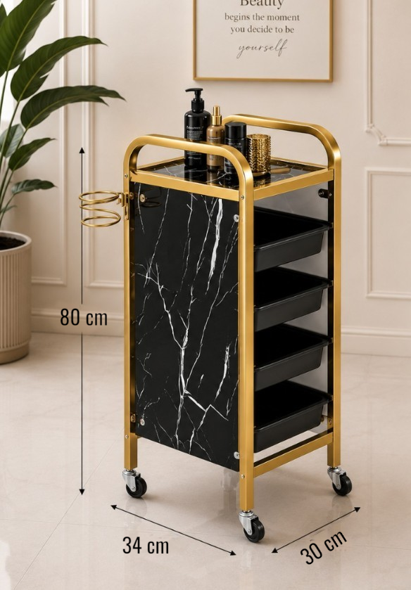 Imaginea unui ucenic de coafor negru cu auriu pe care sunt suprapuse linii si cote tehnice ce indica inaltimea de 80 cm si latimea.