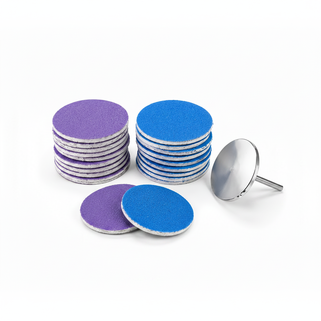Set disc si 40 de rezerve abrazive autoadezive pentru pedichiura Pododisc, cu diametrul de 25mm, dispuse in doua stive colorate in mov si albastru, langa un disc suport metalic.